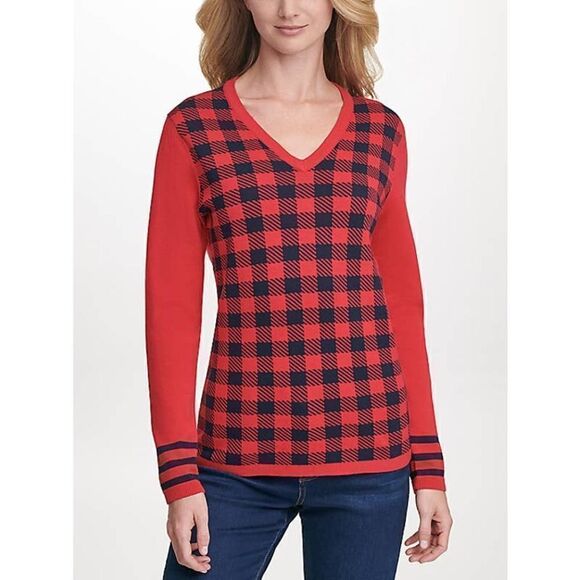 Tommy Hilfiger Red Checkered V-Neck Long Sleeve Pullover Sweater - Picture 1 of 10